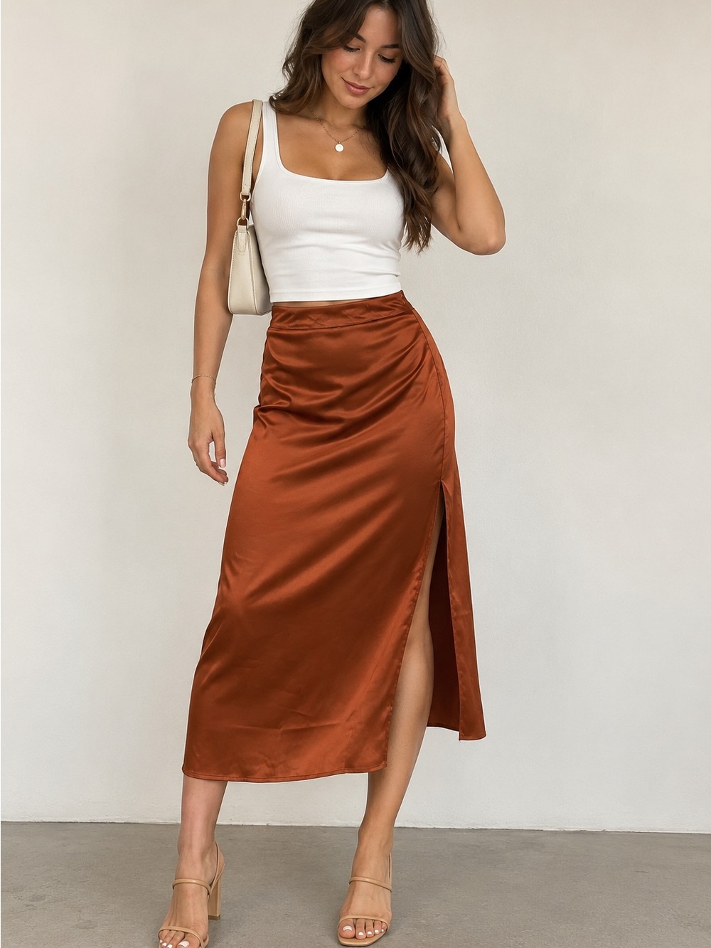 Rust Satin Midi Skirt with High Side Slit